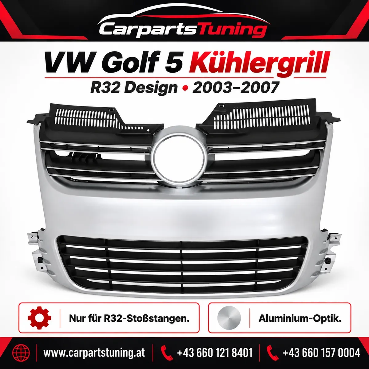 VW Golf 5 Kühlergrill R32 Design | 2003-2007 | Aluminium-Optik